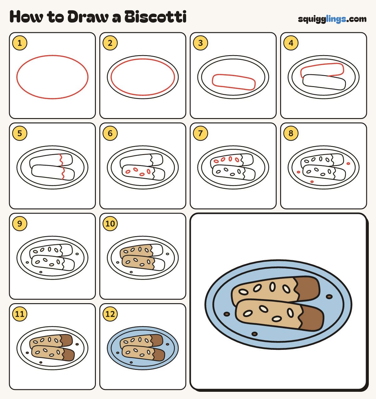 How to Draw a Biscotti step by step: all 12 steps in one picture