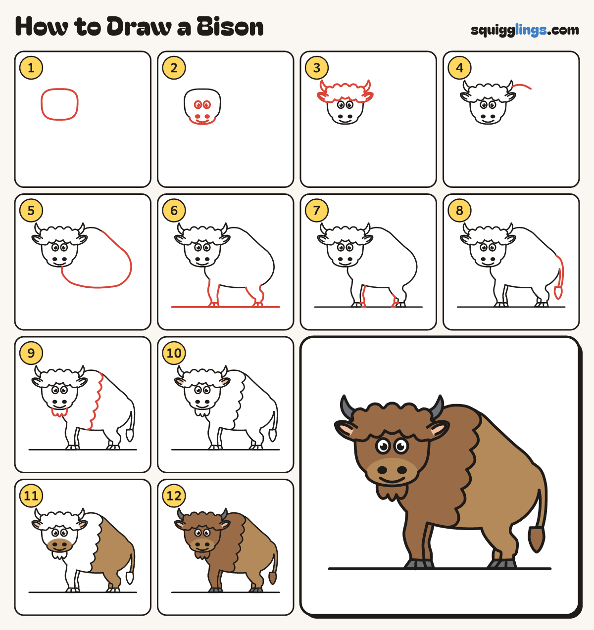 How to Draw a Bison step by step: all 12 steps in one picture