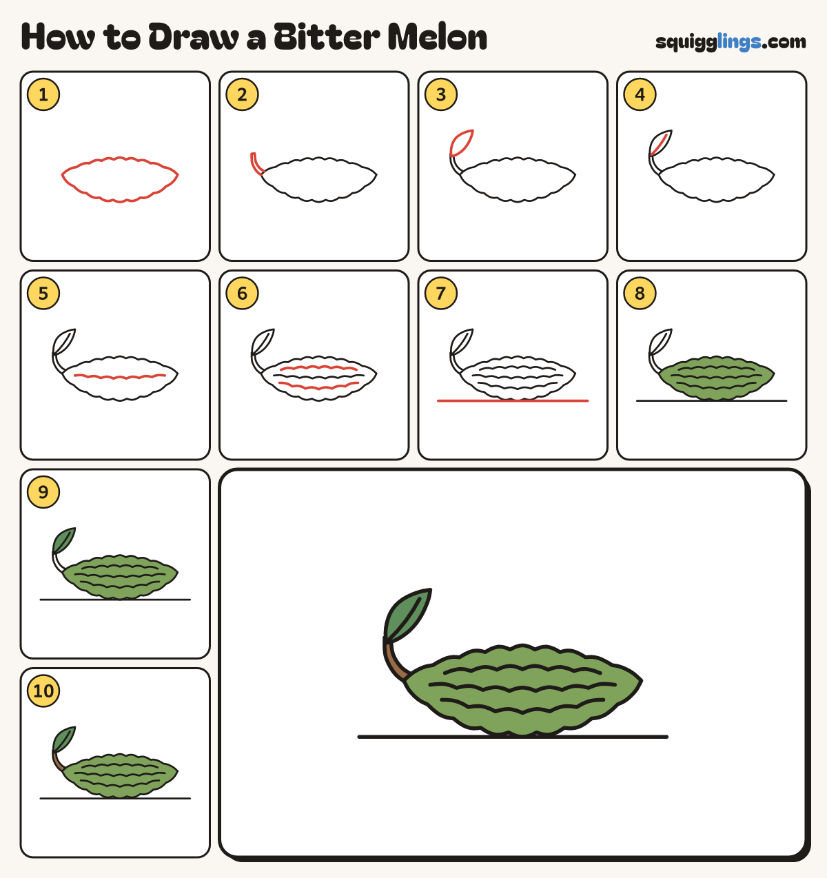 How to Draw a Bitter Melon step by step: all 10 steps in one picture
