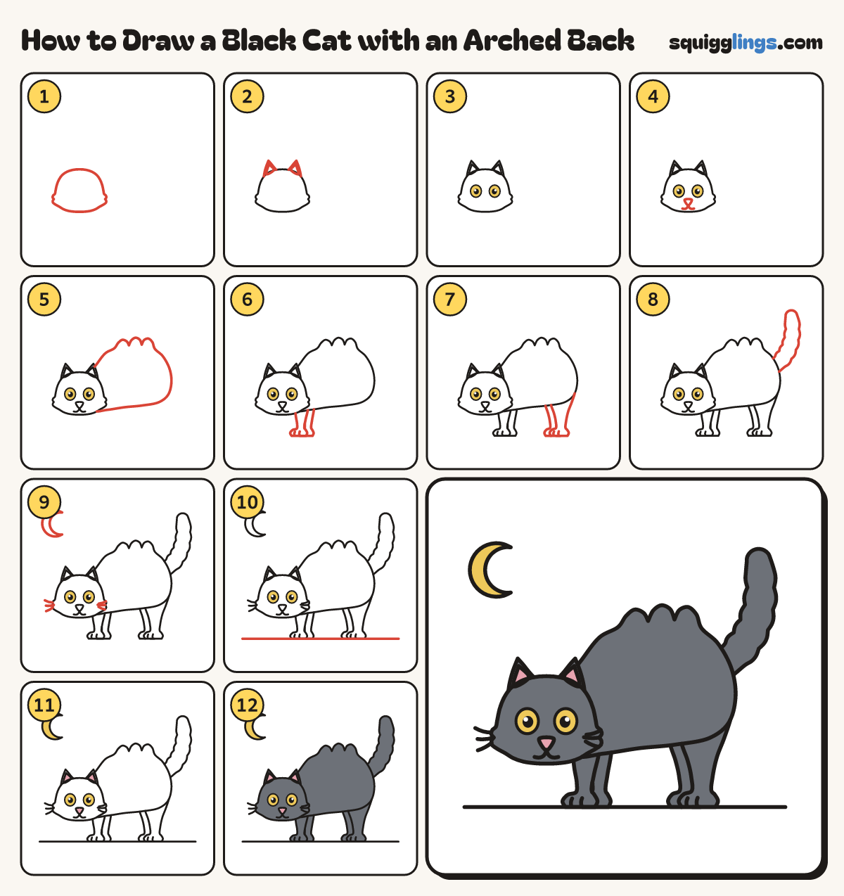 How to Draw a Black Cat with an Arched Back step by step: all 12 steps in one picture