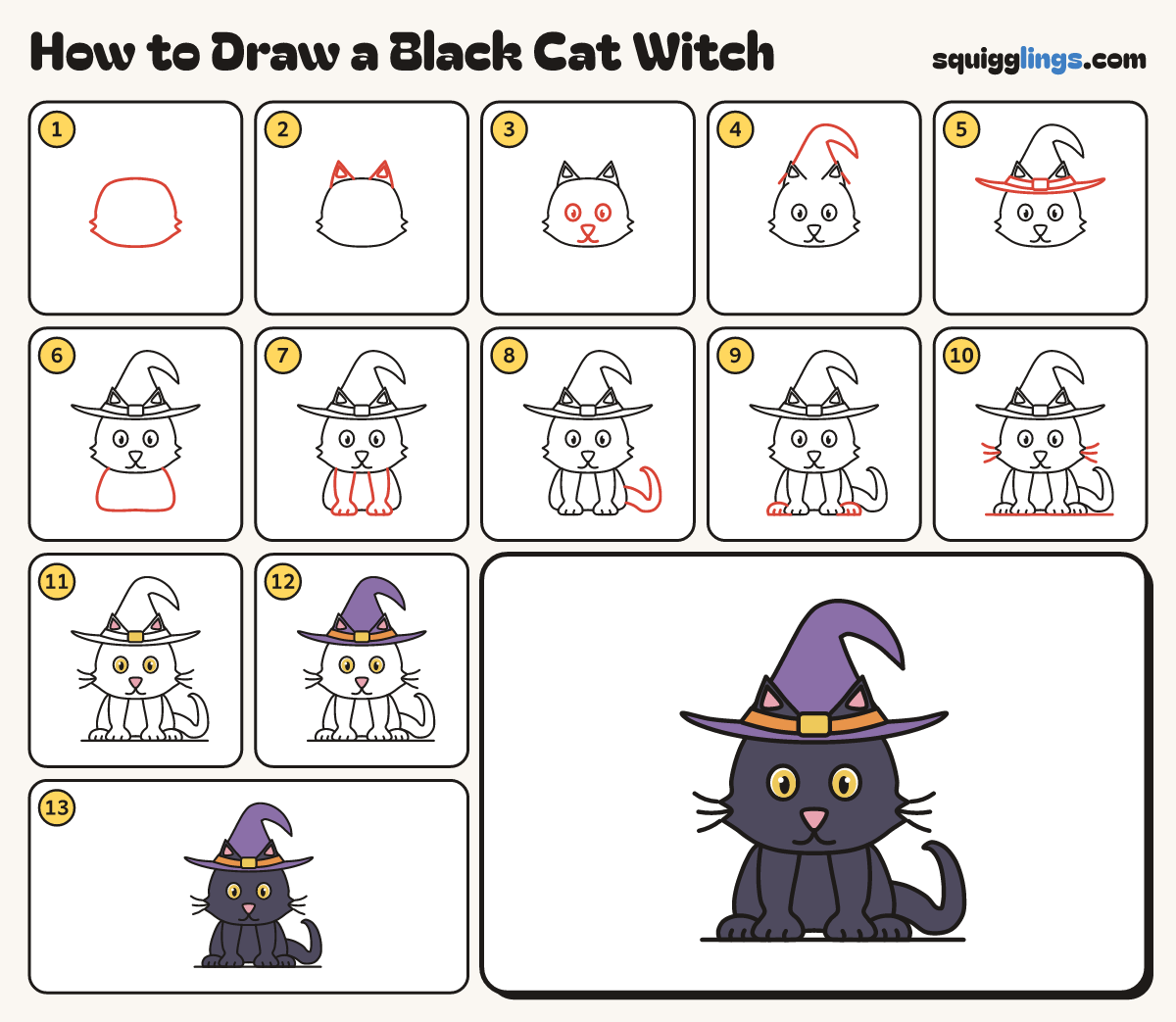 How to Draw a Black Cat Witch step by step: all 13 steps in one picture
