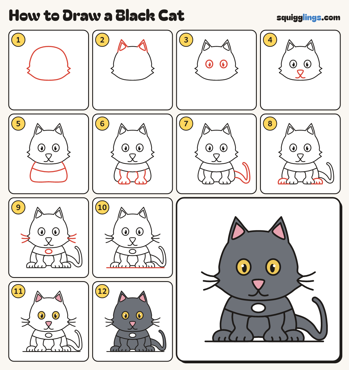 How to Draw a Black Cat step by step: all 12 steps in one picture