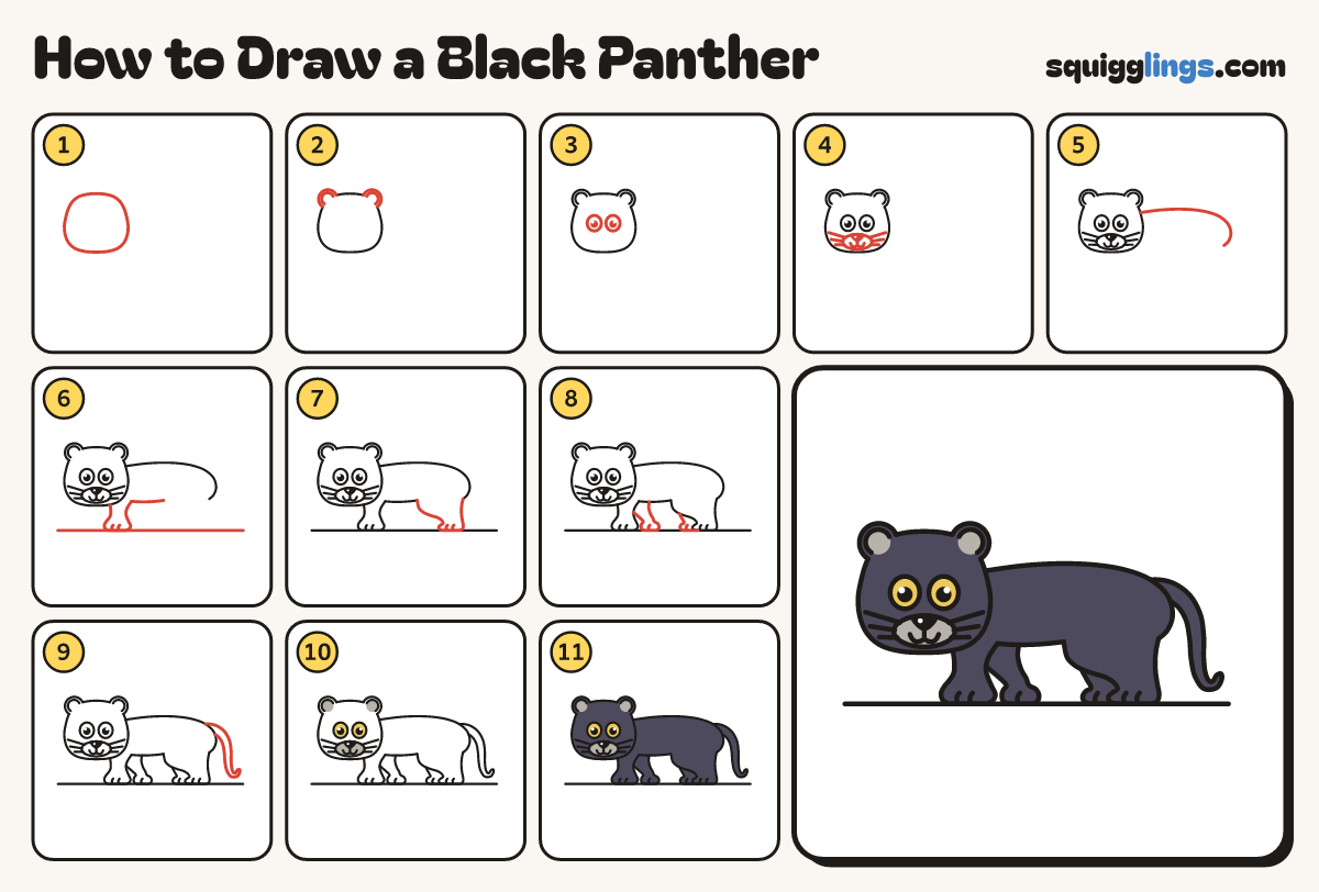 How to Draw a Black Panther step by step: all 11 steps in one picture