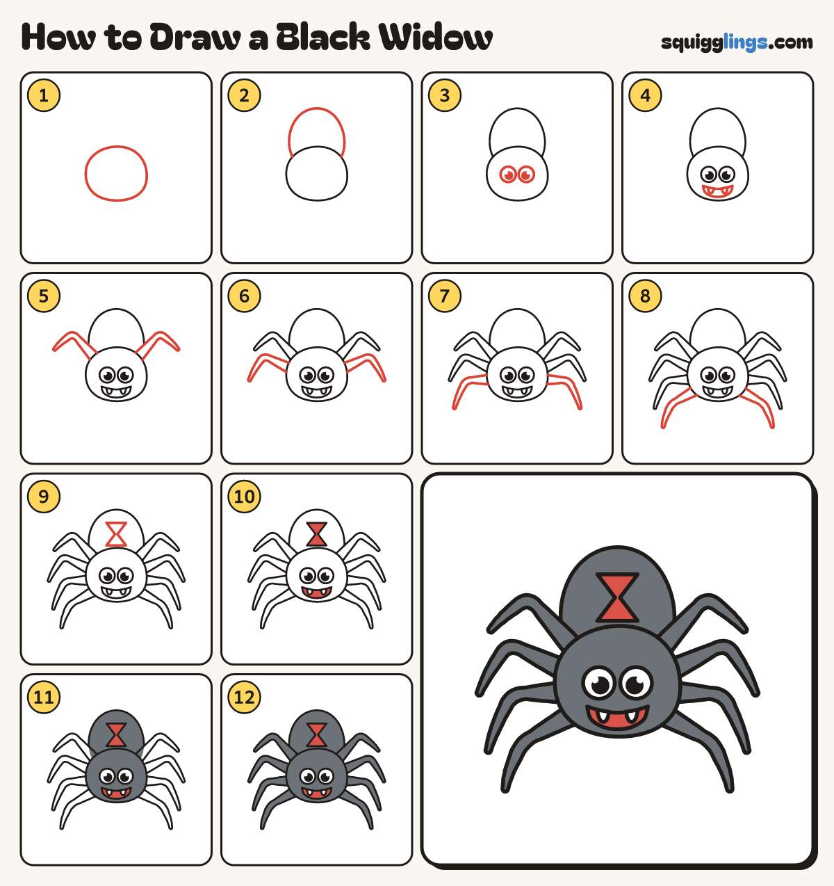 How to Draw a Black Widow step by step: all 12 steps in one picture