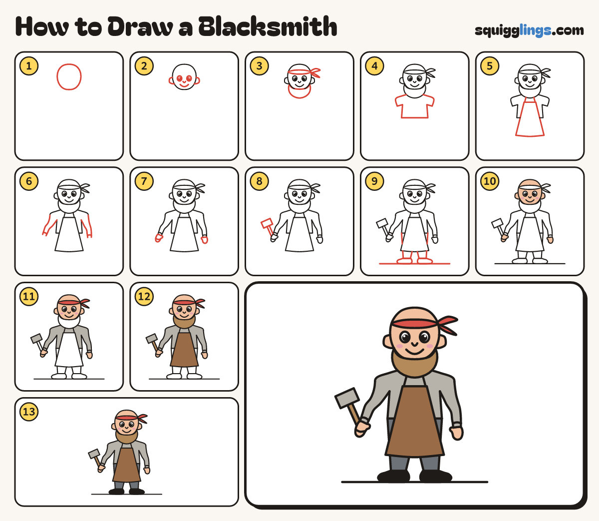 How to Draw a Blacksmith step by step: all 13 steps in one picture