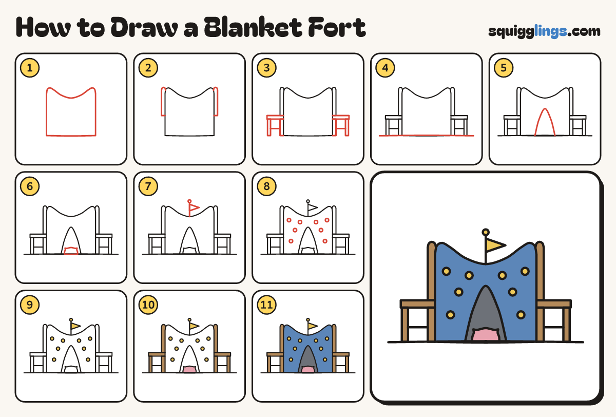 How to Draw a Blanket Fort step by step: all 11 steps in one picture
