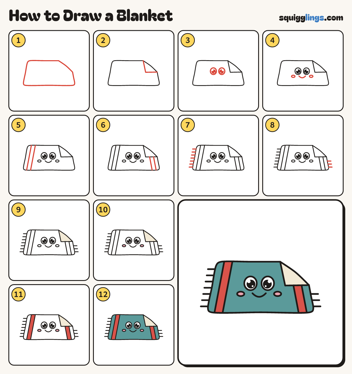 How to Draw a Blanket step by step: all 12 steps in one picture
