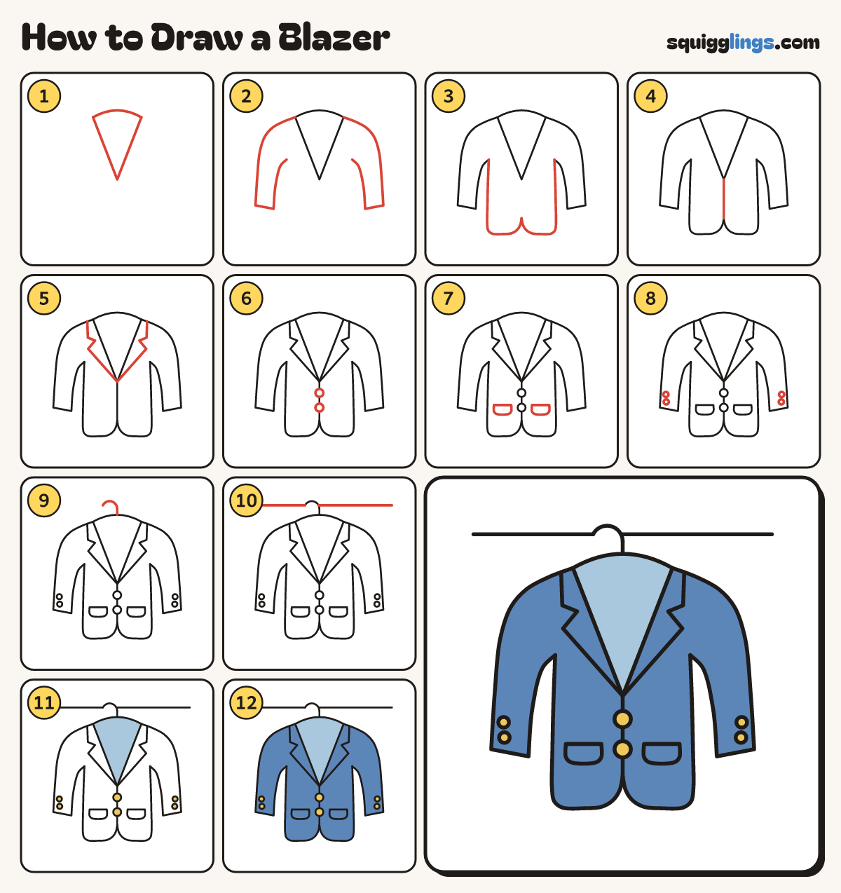 How to Draw a Blazer step by step: all 12 steps in one picture