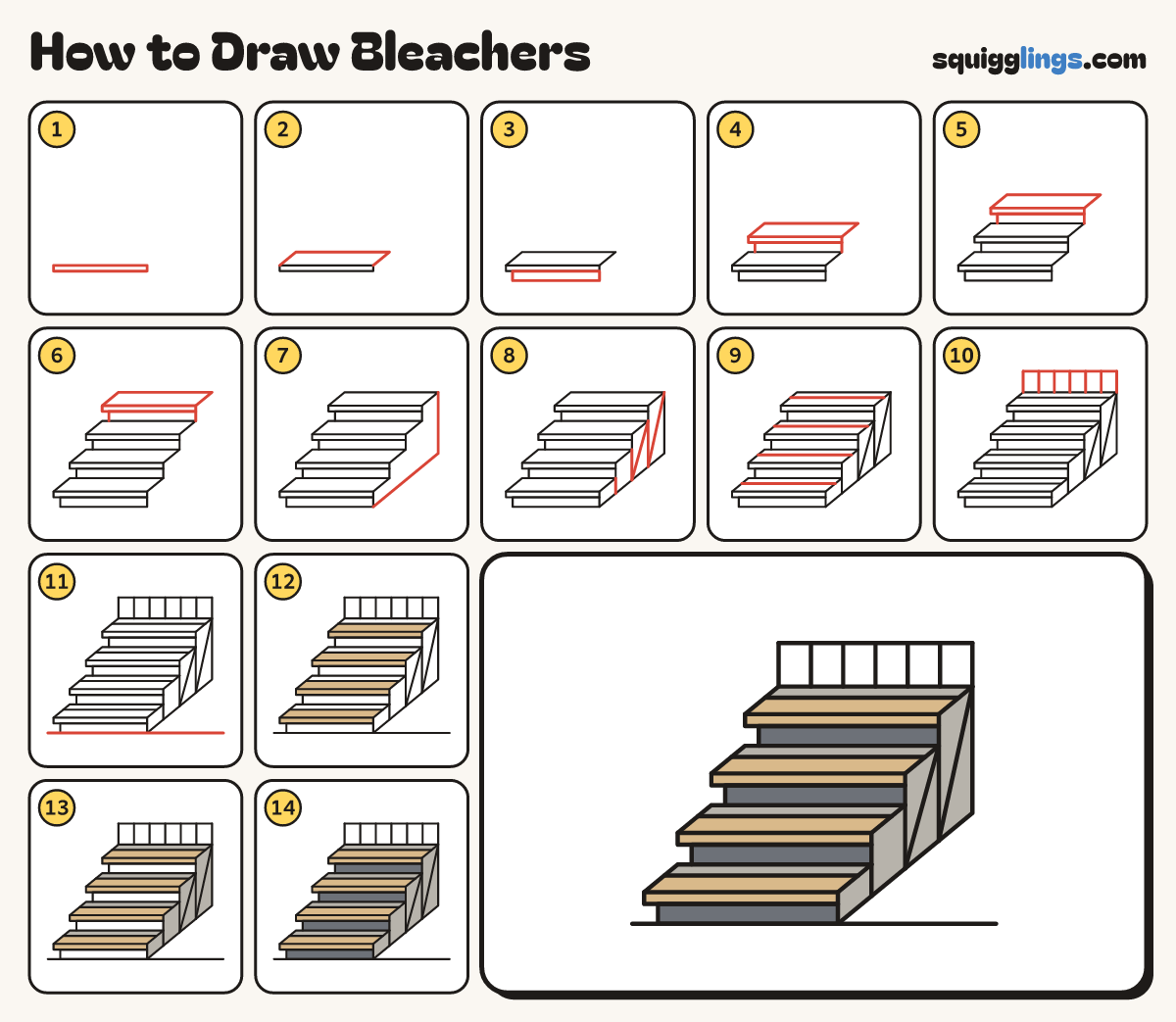 How to Draw Bleachers step by step: all 14 steps in one picture
