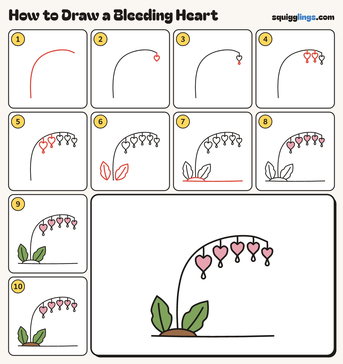 How to Draw a Bleeding Heart step by step: all 10 steps in one picture