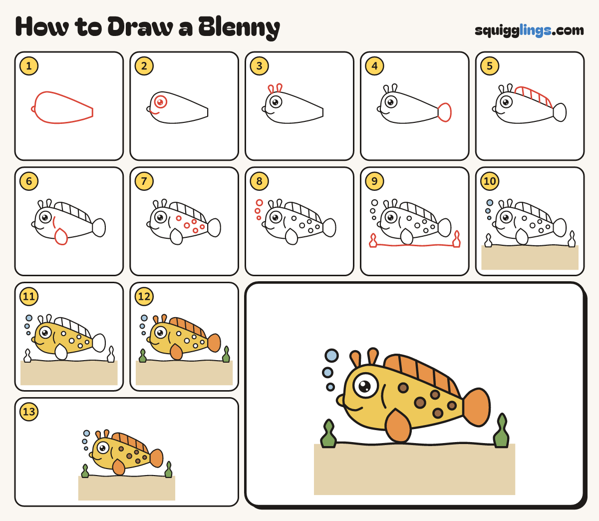How to Draw a Blenny step by step: all 13 steps in one picture