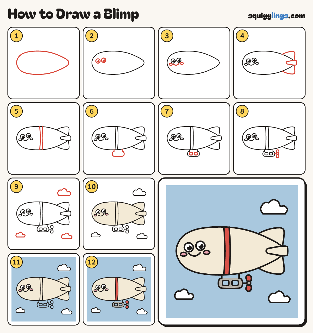 How to Draw a Blimp step by step: all 12 steps in one picture