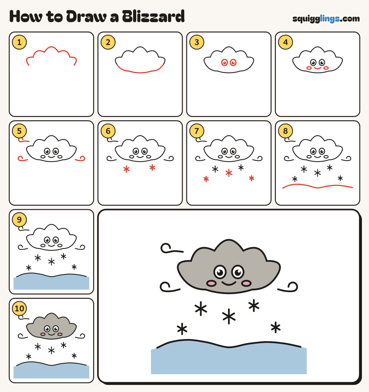 How to Draw a Blizzard step by step: all 10 steps in one picture