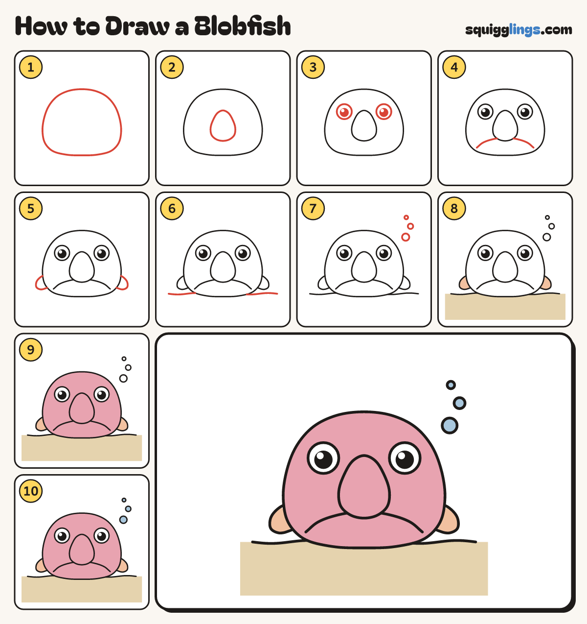 How to Draw a Blobfish step by step: all 10 steps in one picture