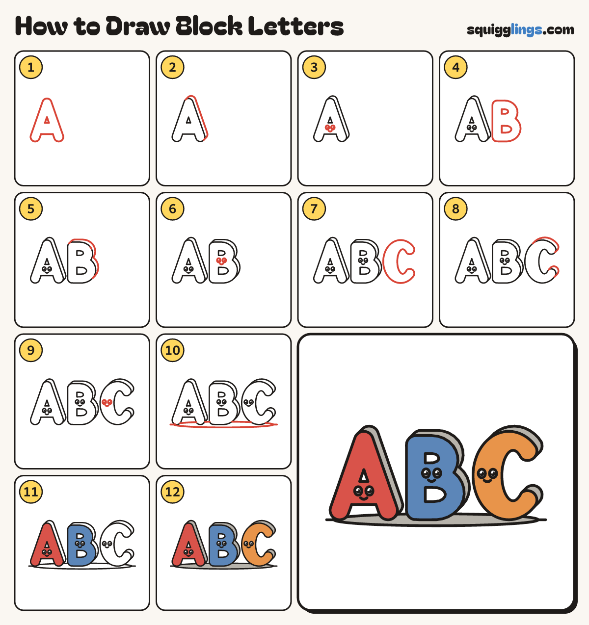 How to Draw Block Letters step by step: all 12 steps in one picture