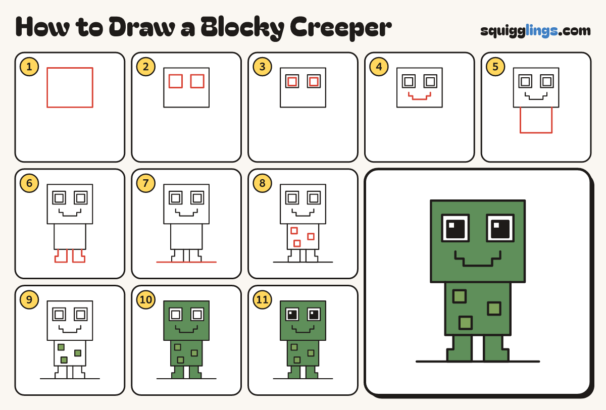 How to Draw a Blocky Creeper step by step: all 11 steps in one picture