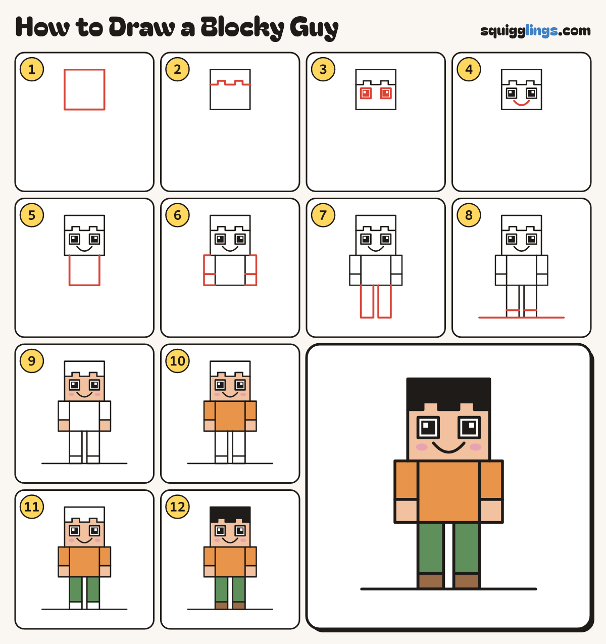 How to Draw a Blocky Guy step by step: all 12 steps in one picture
