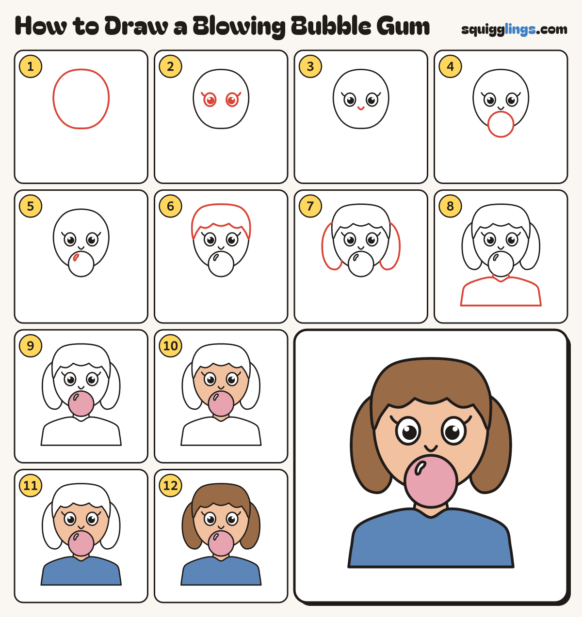 How to Draw a Blowing Bubble Gum step by step: all 12 steps in one picture