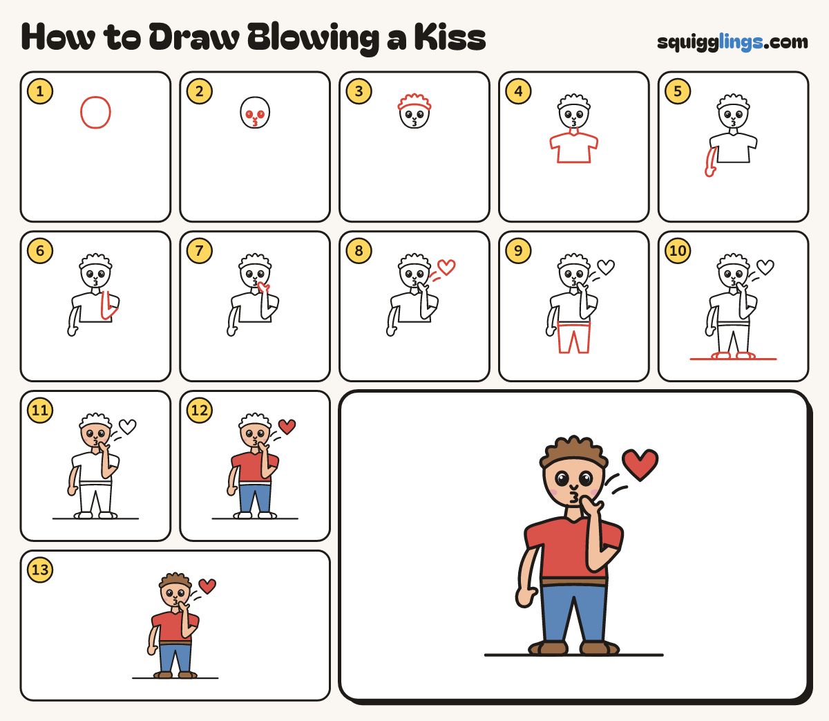 How to Draw Blowing a Kiss step by step: all 13 steps in one picture