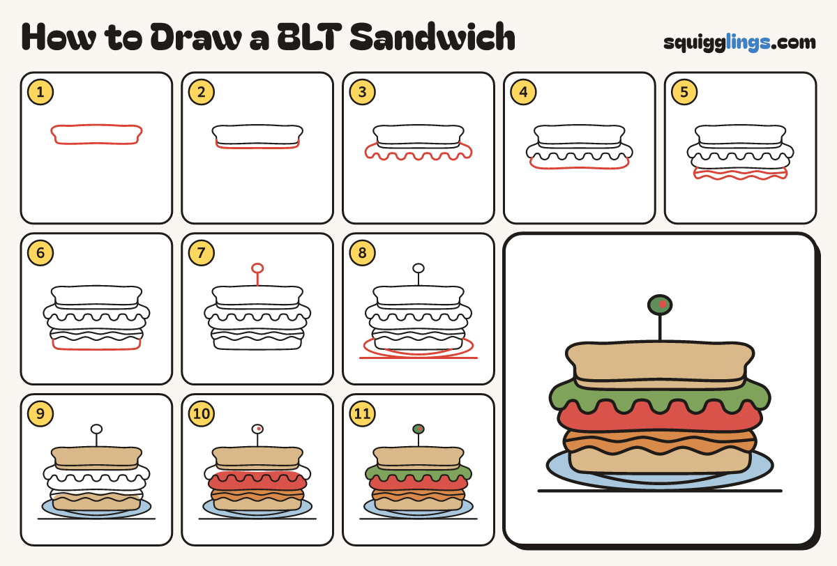 How to Draw a BLT Sandwich step by step: all 11 steps in one picture