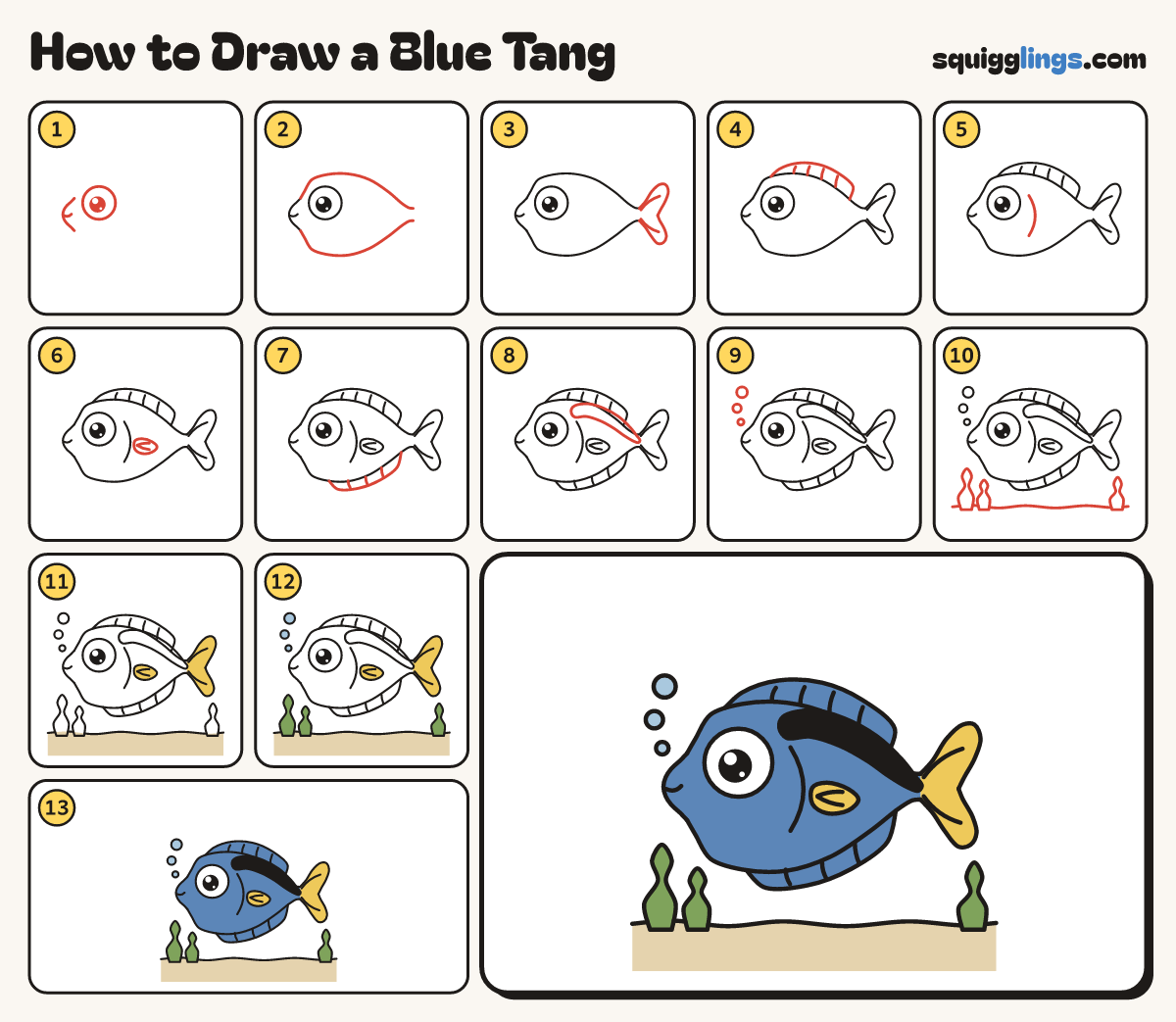 How to Draw a Blue Tang step by step: all 13 steps in one picture