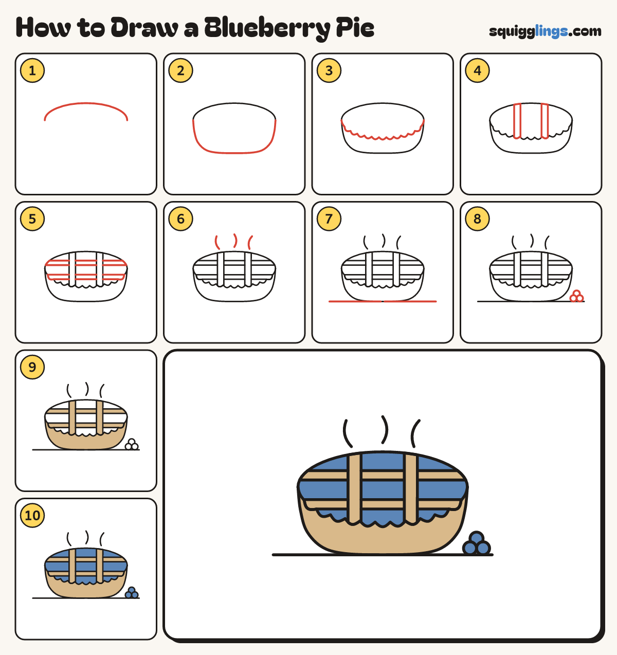 How to Draw a Blueberry Pie step by step: all 10 steps in one picture