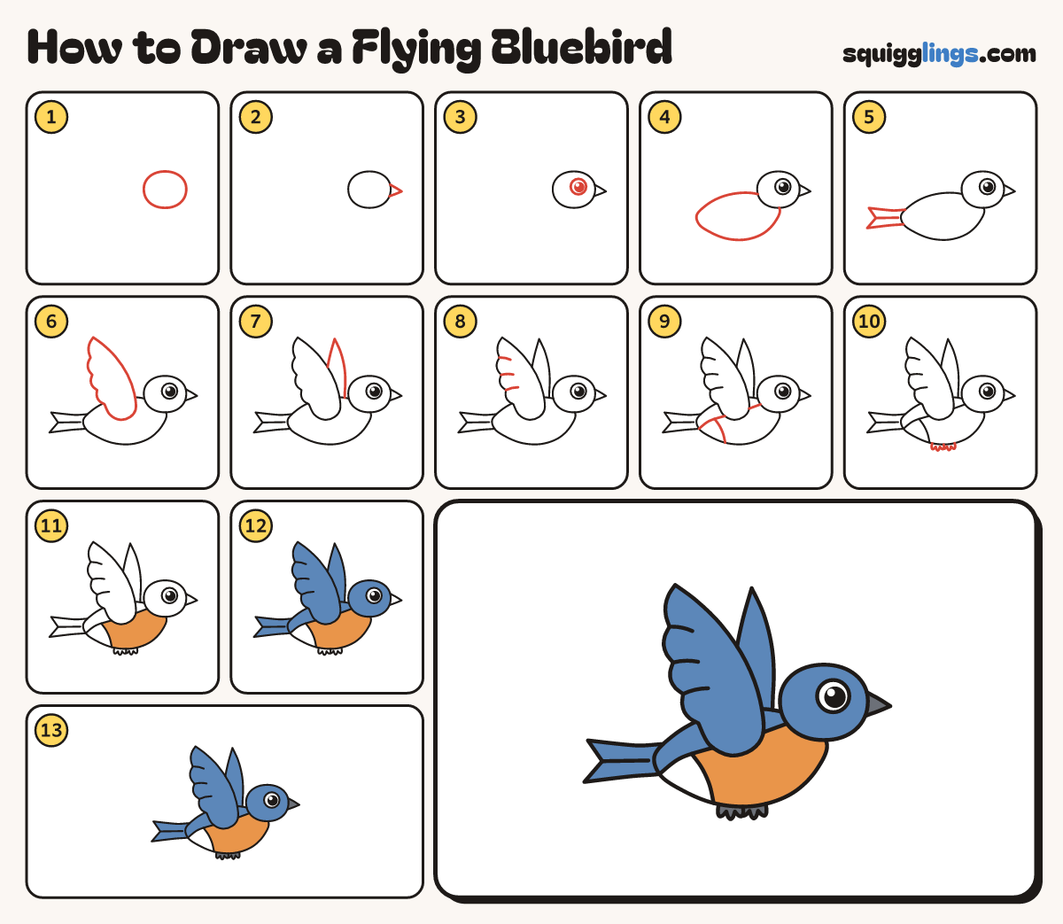 How to Draw a Flying Bluebird step by step: all 13 steps in one picture