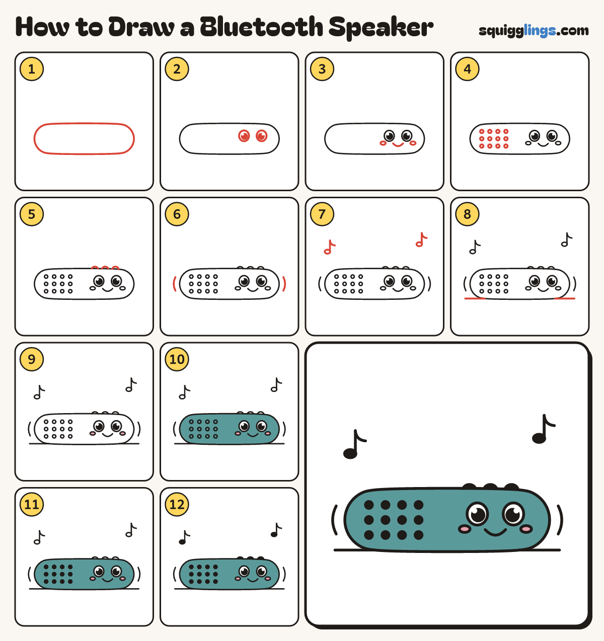 How to Draw a Bluetooth Speaker step by step: all 12 steps in one picture