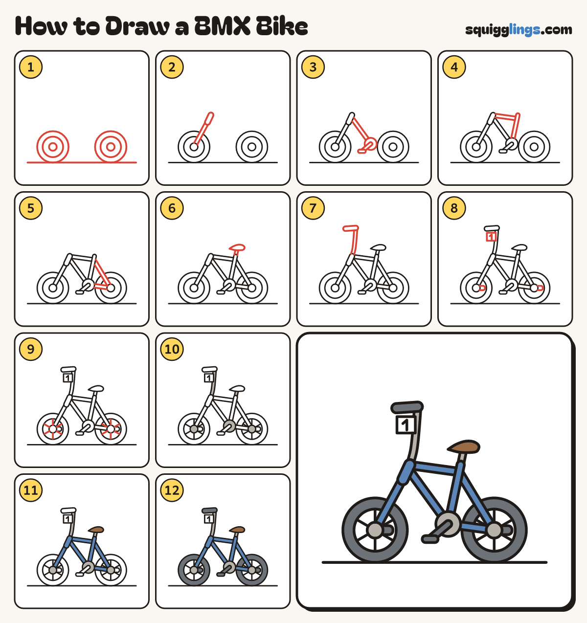 How to Draw a BMX Bike step by step: all 12 steps in one picture