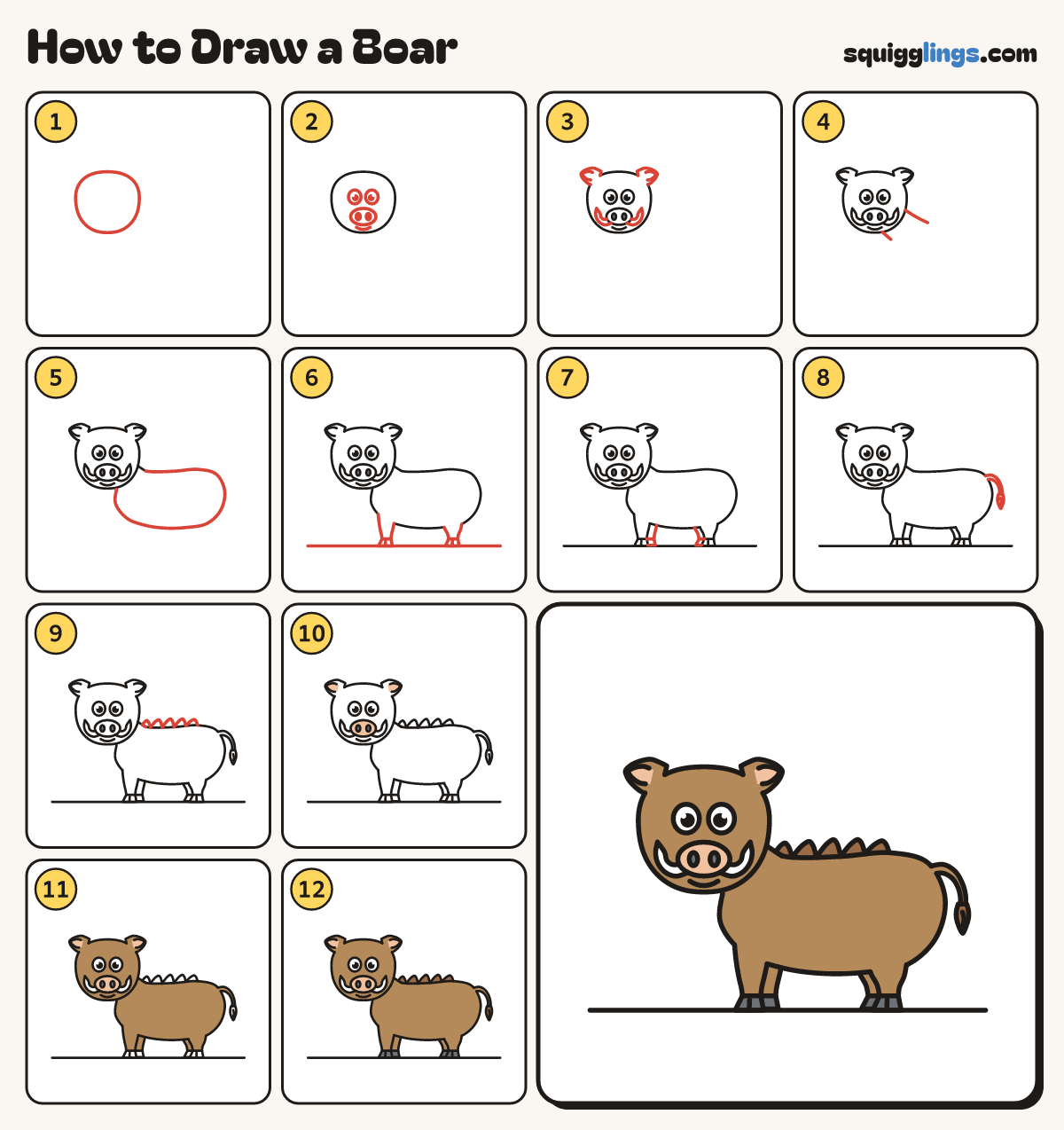 How to Draw a Boar step by step: all 12 steps in one picture