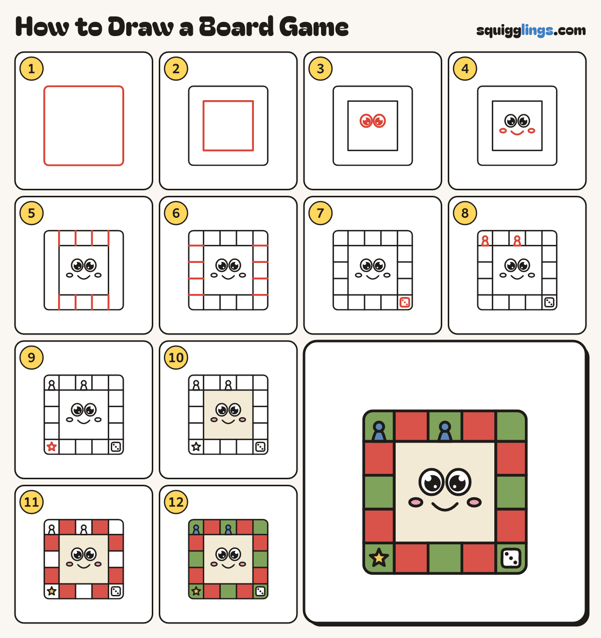 How to Draw a Board Game step by step: all 12 steps in one picture