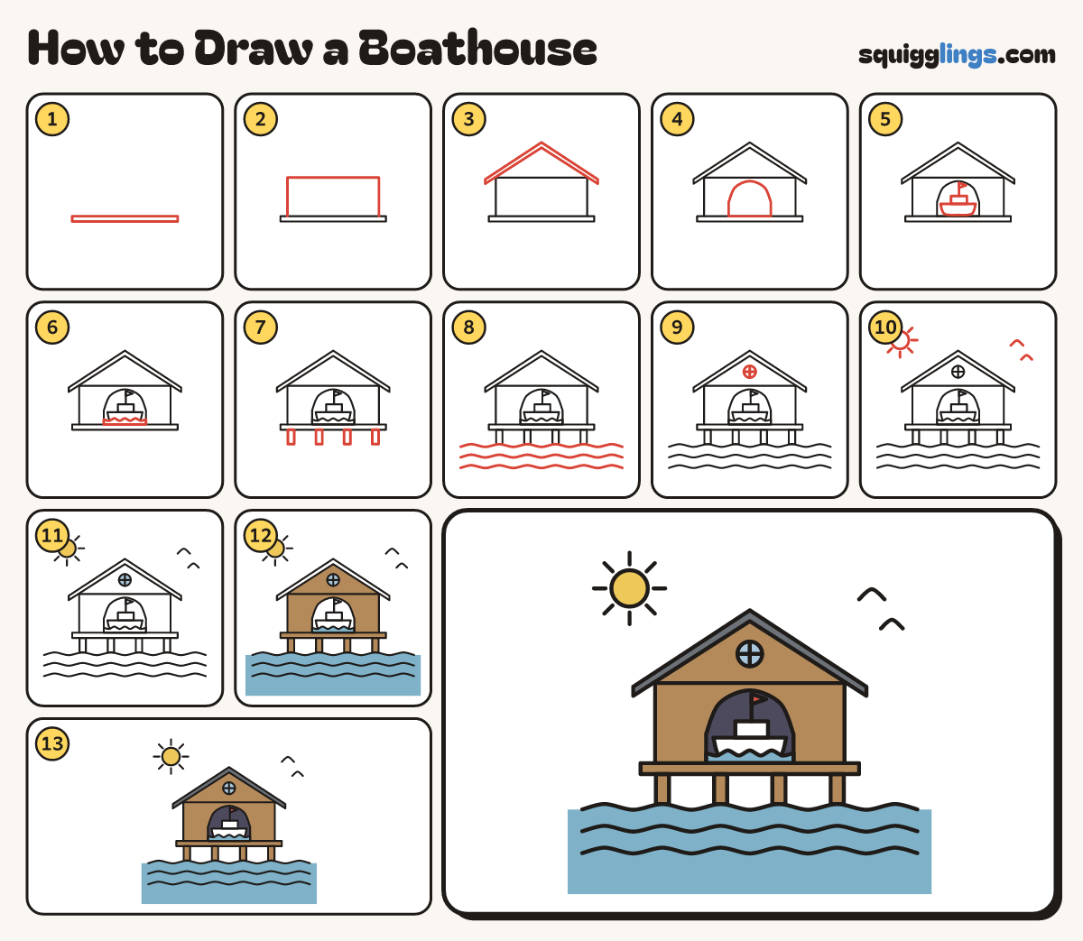 How to Draw a Boathouse step by step: all 13 steps in one picture