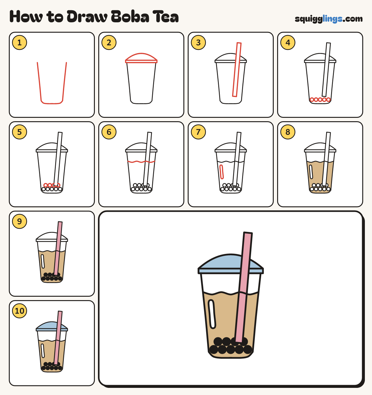 How to Draw Boba Tea step by step: all 10 steps in one picture