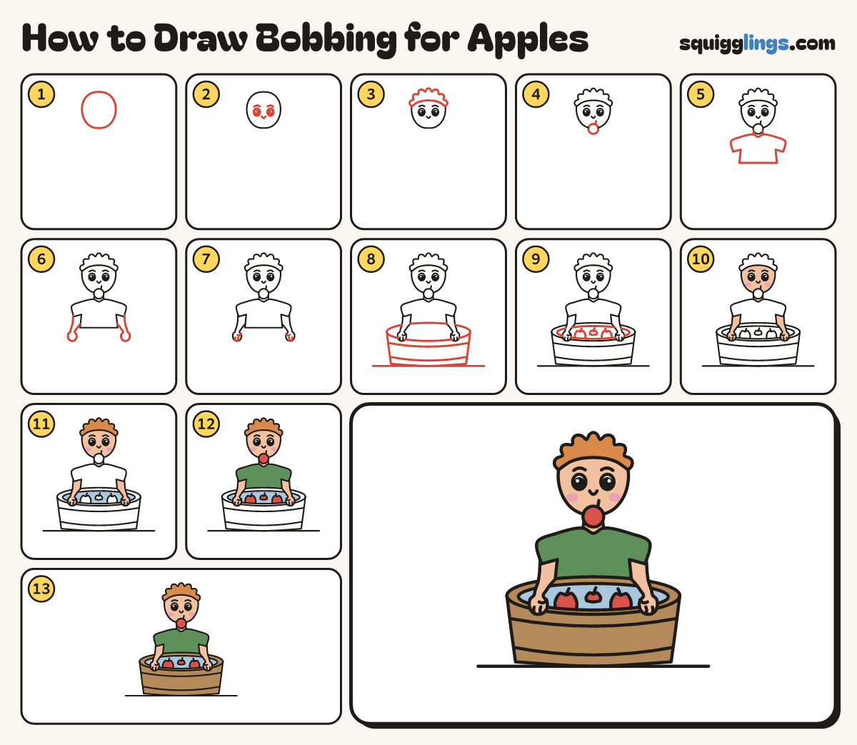 How to Draw Bobbing for Apples step by step: all 13 steps in one picture