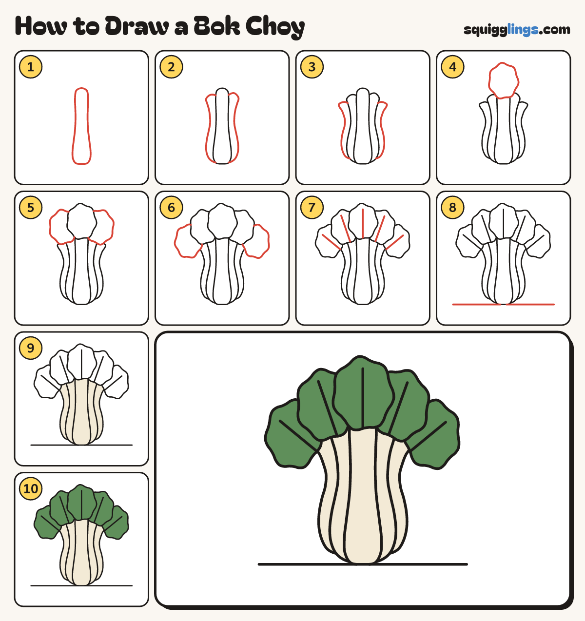How to Draw a Bok Choy step by step: all 10 steps in one picture