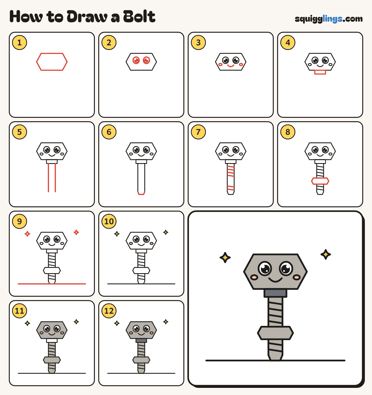 How to Draw a Bolt step by step: all 12 steps in one picture