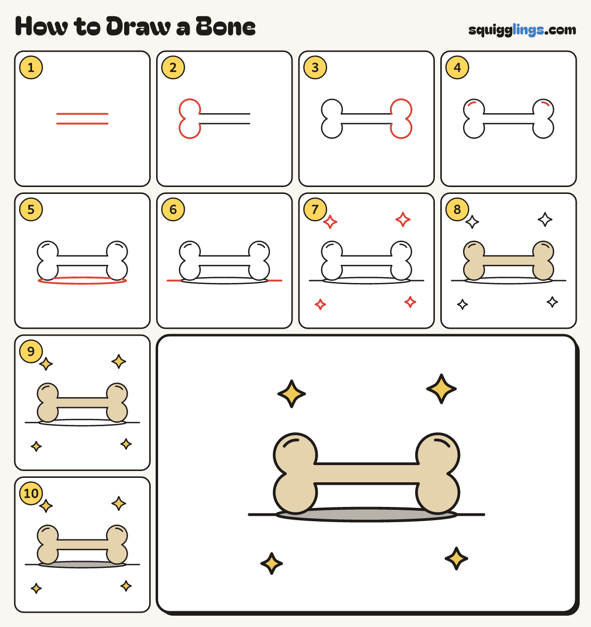 How to Draw a Bone step by step: all 10 steps in one picture