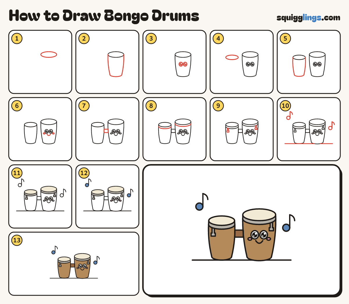 How to Draw Bongo Drums step by step: all 13 steps in one picture