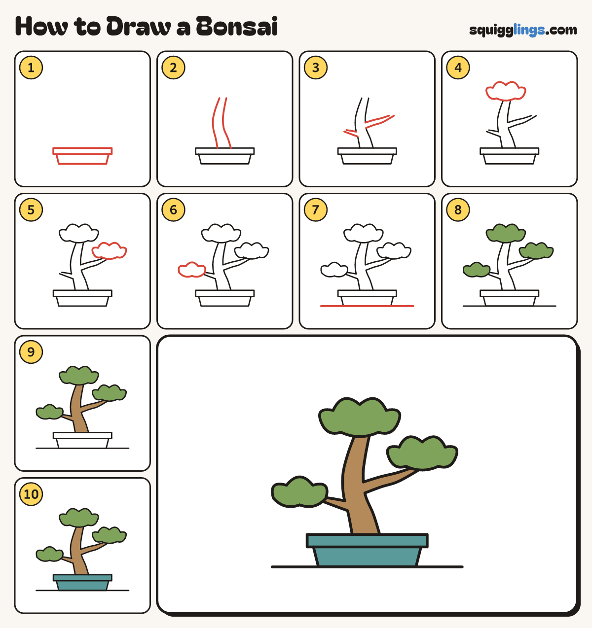 How to Draw a Bonsai step by step: all 10 steps in one picture