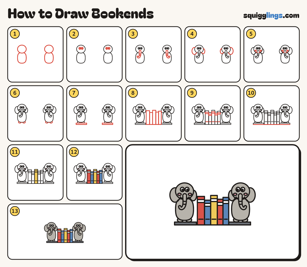 How to Draw Bookends step by step: all 13 steps in one picture