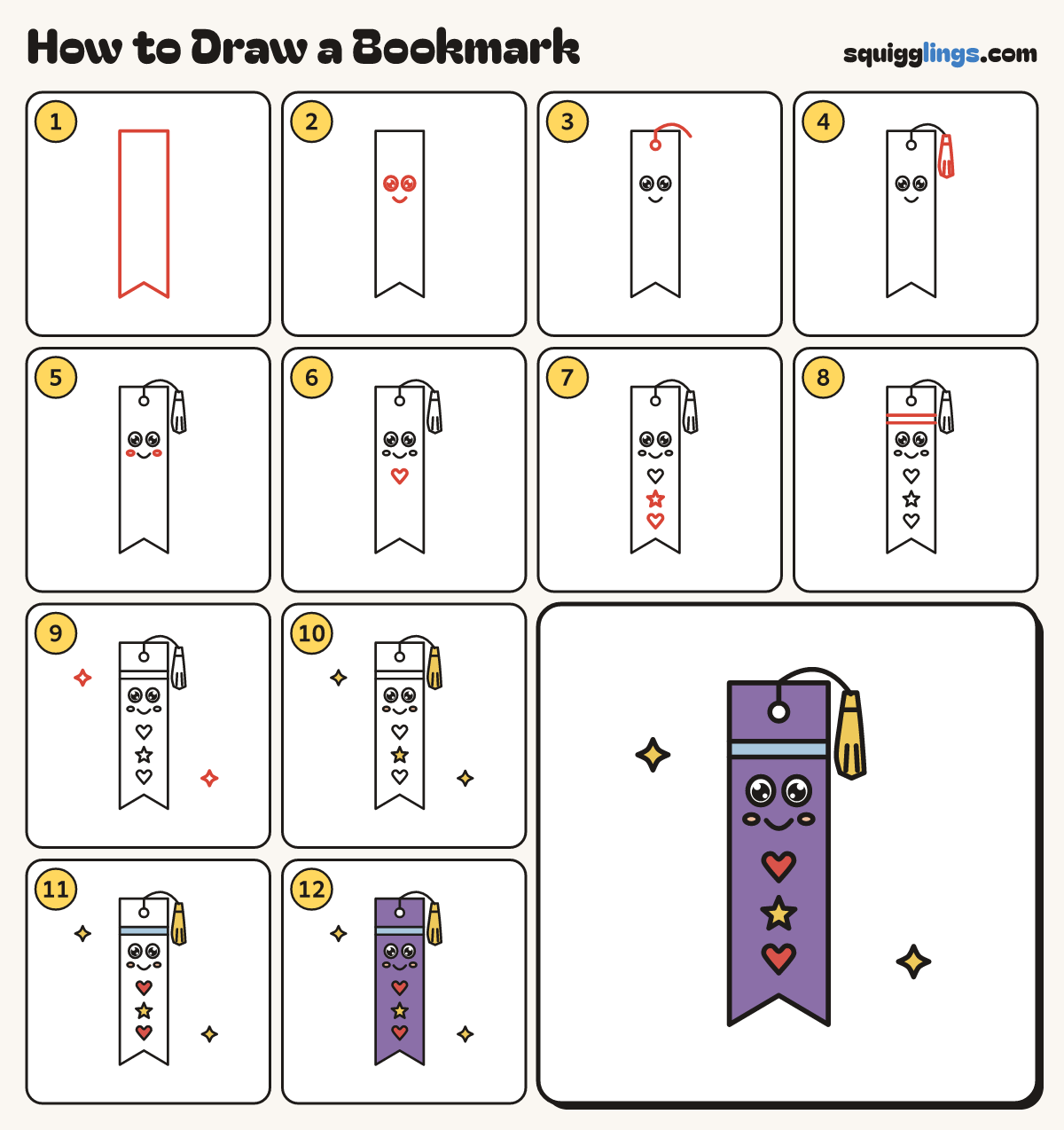 How to Draw a Bookmark step by step: all 12 steps in one picture