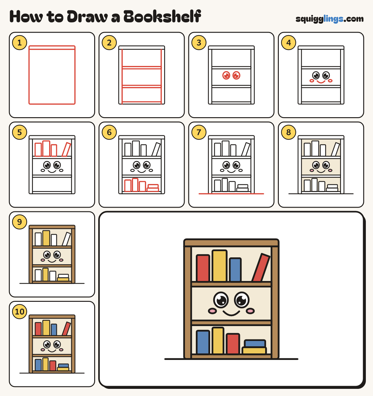 How to Draw a Bookshelf step by step: all 10 steps in one picture