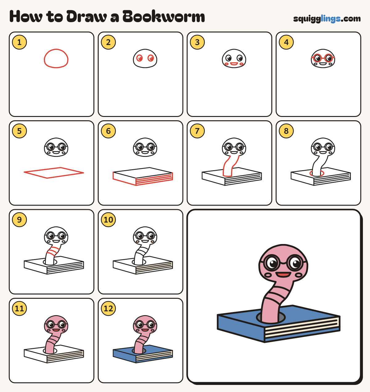 How to Draw a Bookworm step by step: all 12 steps in one picture