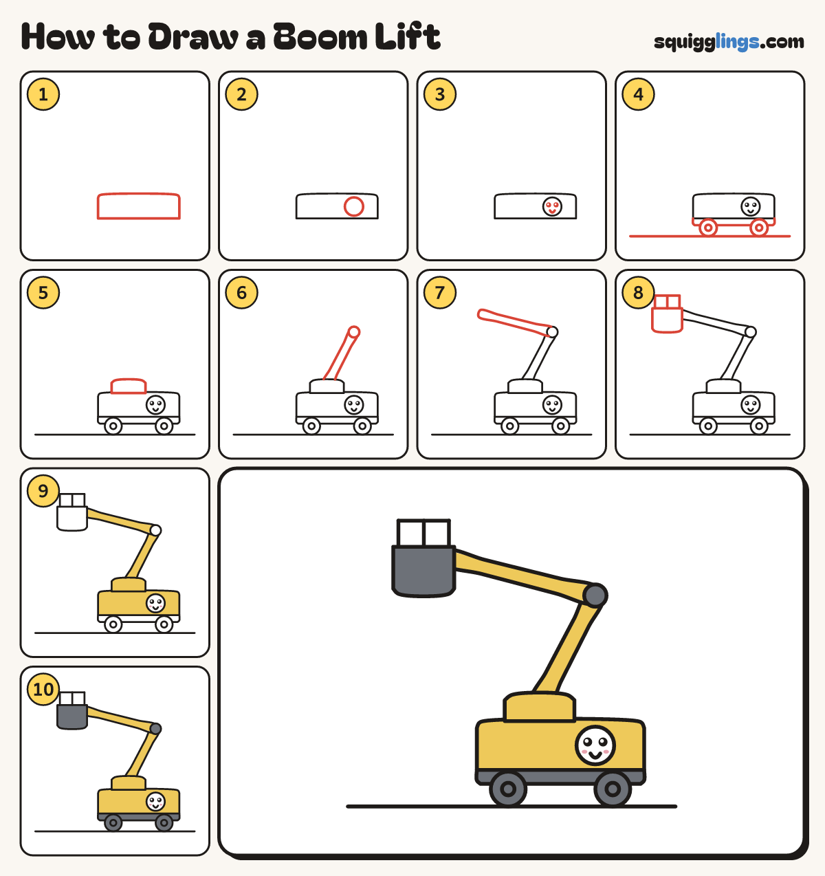 How to Draw a Boom Lift step by step: all 10 steps in one picture