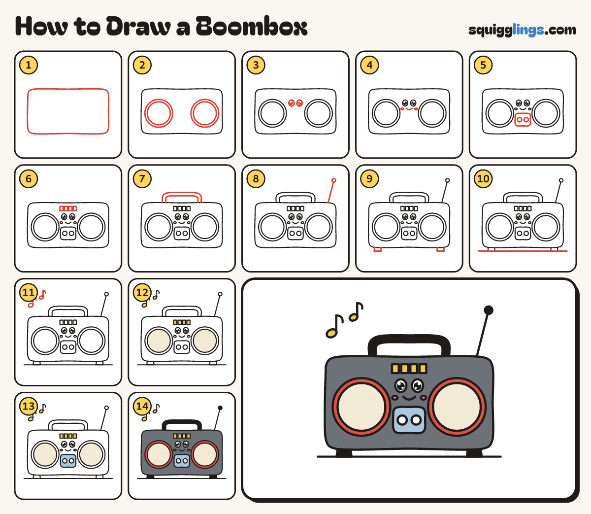 How to Draw a Boombox step by step: all 14 steps in one picture