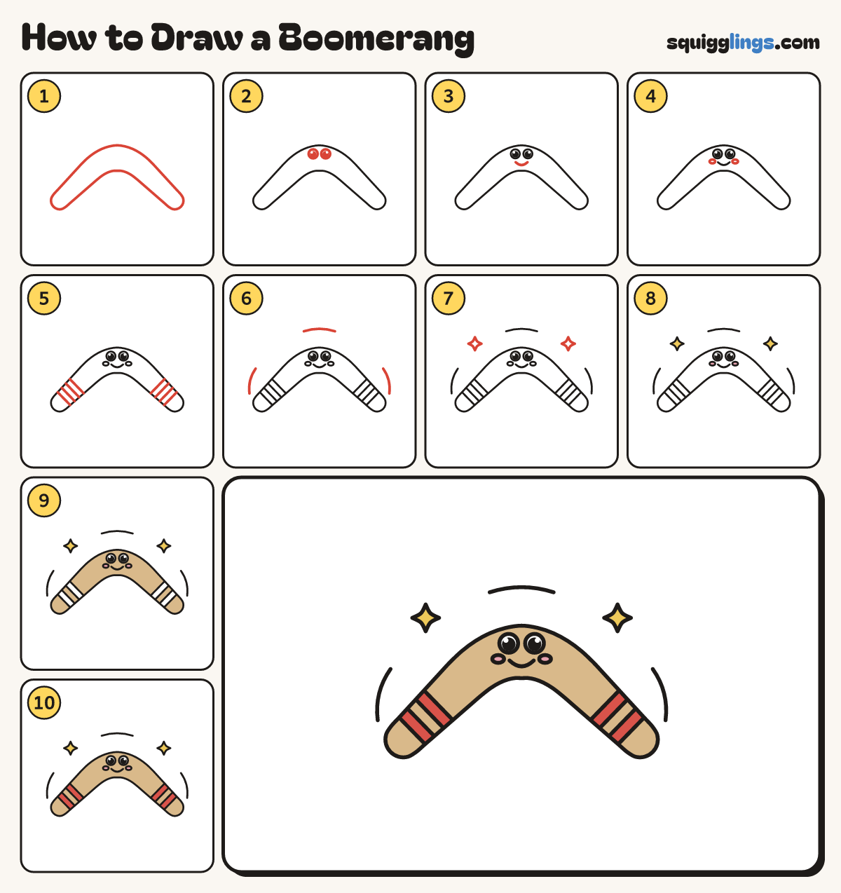 How to Draw a Boomerang step by step: all 10 steps in one picture