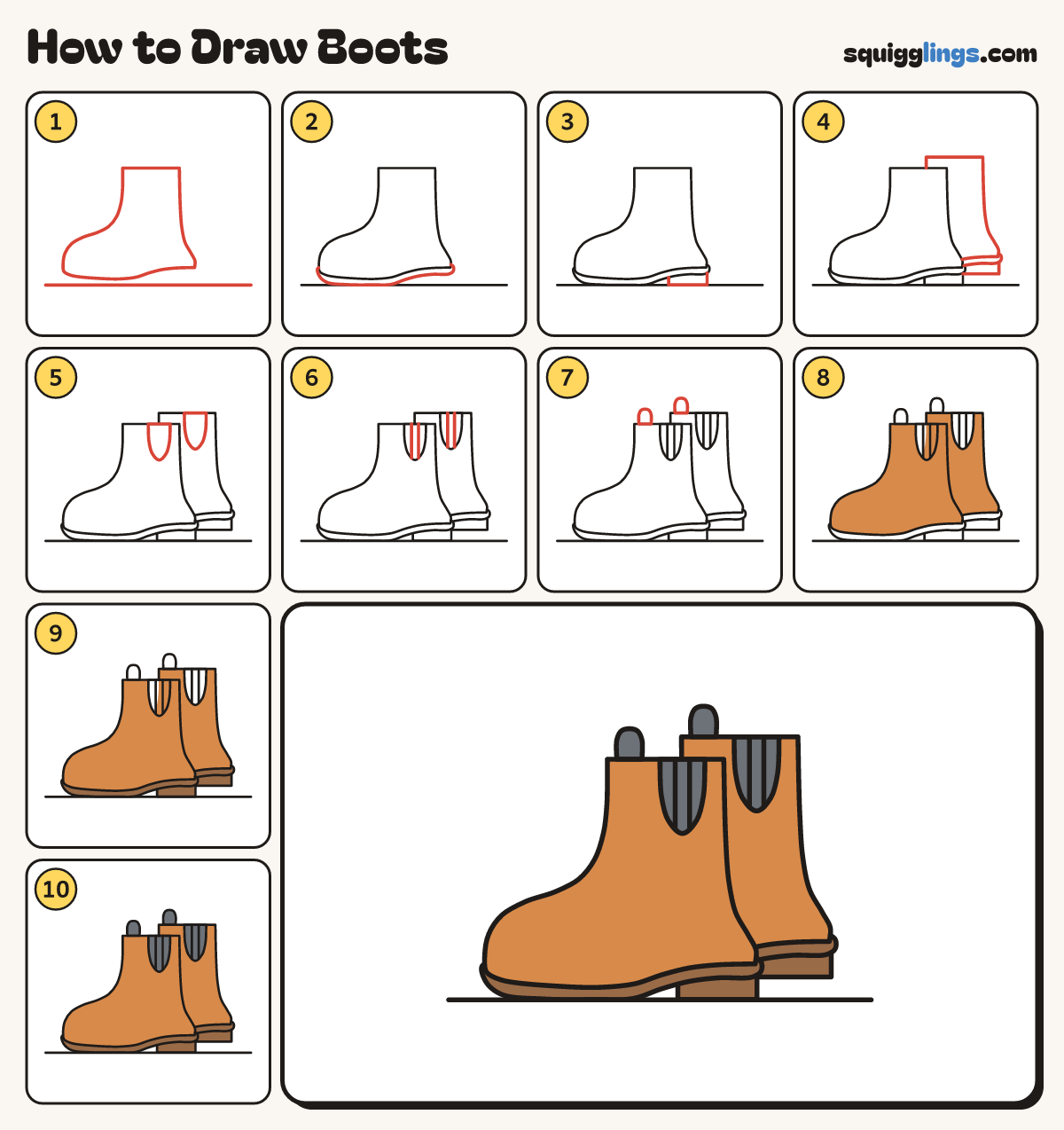 How to Draw Boots step by step: all 10 steps in one picture
