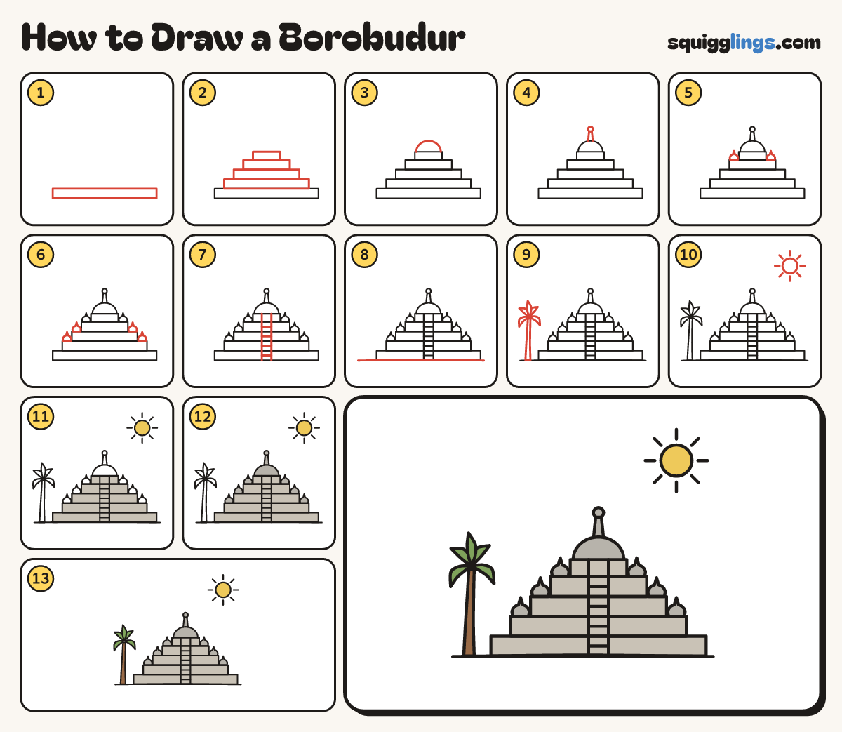 How to Draw a Borobudur step by step: all 13 steps in one picture
