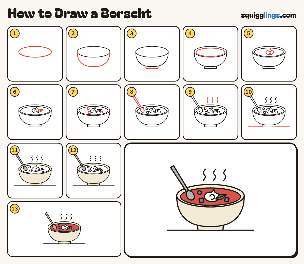 How to Draw a Borscht step by step: all 13 steps in one picture