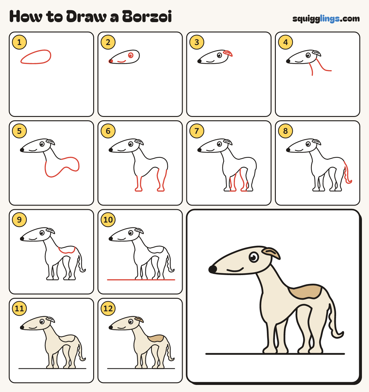 How to Draw a Borzoi step by step: all 12 steps in one picture